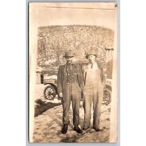 Antique RPPC Real Photo Postcard Men with Early Automobile Car Snow Velox 1910s